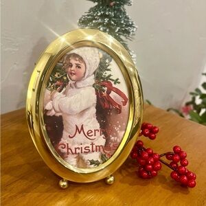 Brass Oval Frame with Vintage Inspired Christmas Picture